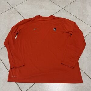 Nike Men's Long Sleeve Dri-FIT Shirt Orange with Silver Swoosh and Navy 'S' Logo